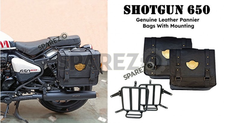 Fit For Royal Enfield Shotgun 650 Black Genuine Leather Pannier Bags and Mounting - SPAREZO